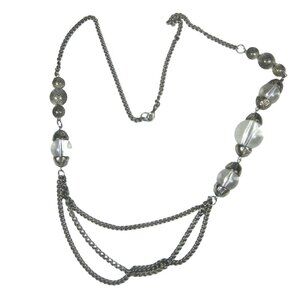 Silvertone Multi Strand Chain Necklace Clear Lucite Beads Mesh Spheres 33 inch